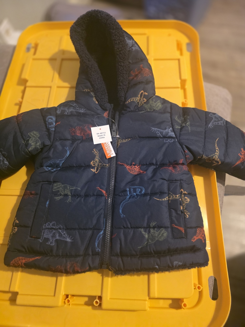 Kids Navy Dinosaur Puffer Jacket with Hood
